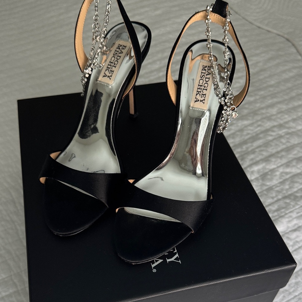 Badgley Mischka Black Satin Heels with Crystal Accents